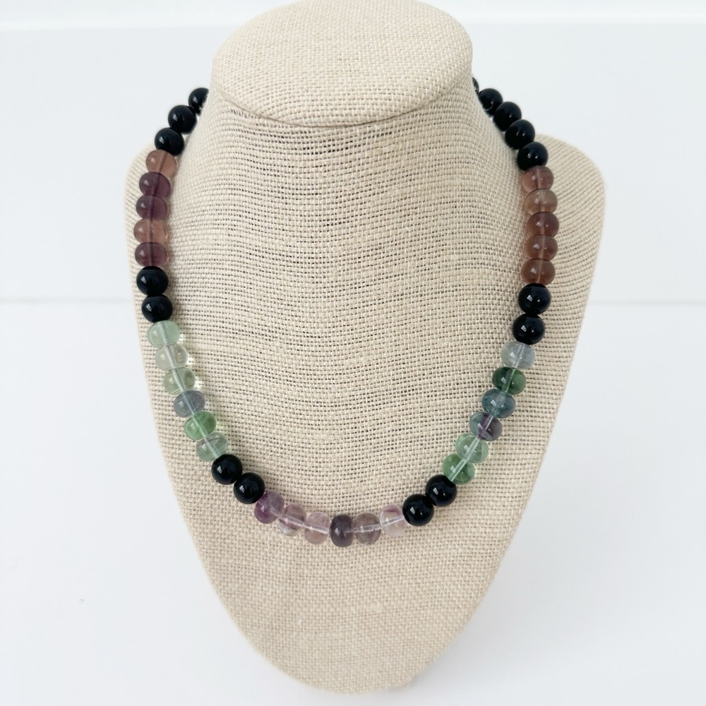 NWT Genuine Amethyst, Fluorite & Black Onyx Necklace Purple Green Black